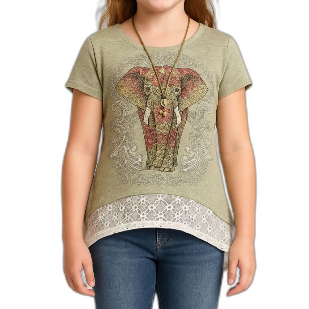 NWT Beautees Girls Elephant Graphic Shirt With Necklace | Medium